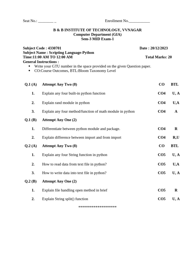 Python Scripting Language Mid Exam 2023 | PDF