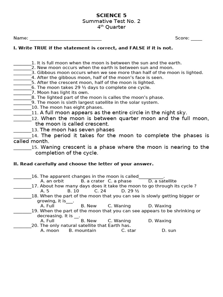Moon Phases Summative Test 5th Grade | PDF