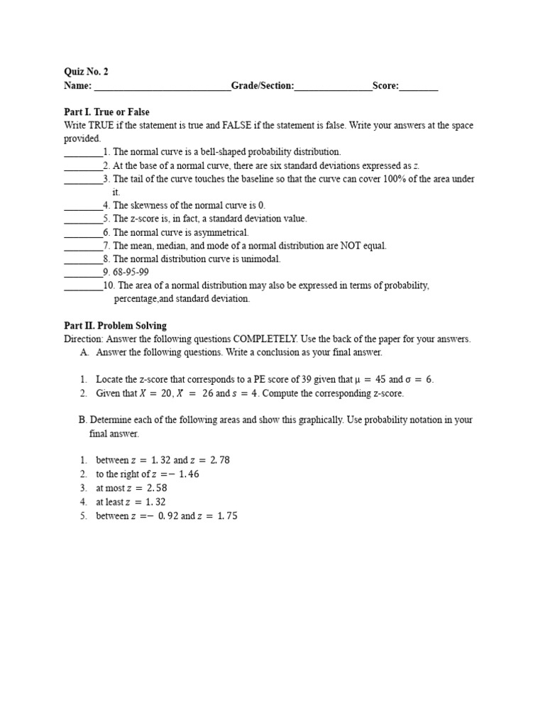 Normal Curve Quiz and Z-Scores | PDF