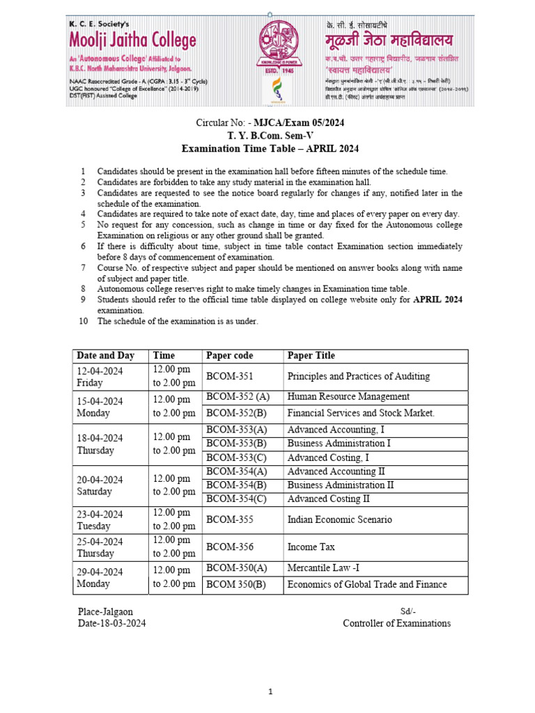T.Y. B.Com. Sem-V Exam Schedule 2024 | PDF | Economies