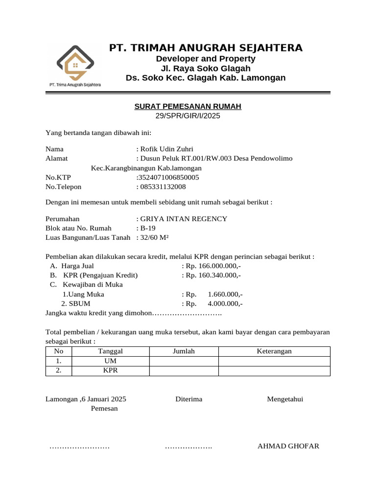 Surat Pemesanan Rumah Griya Intan Regency | PDF