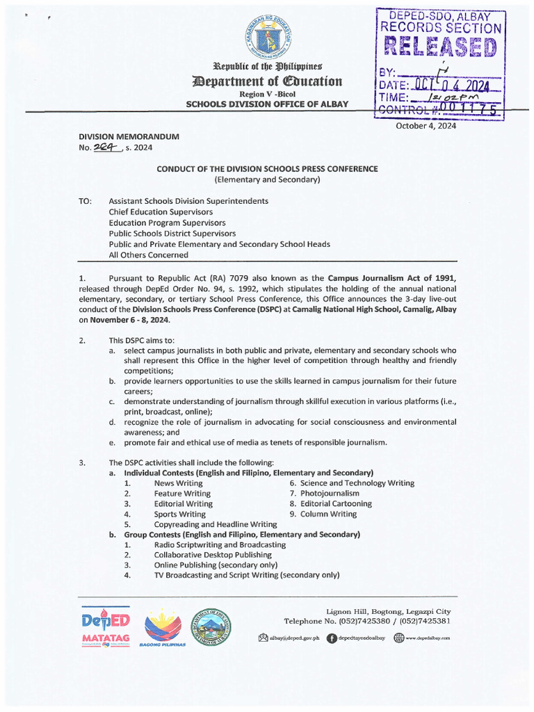DM 284 S. 2024 Conduct of The Division Schools Press Conference | PDF