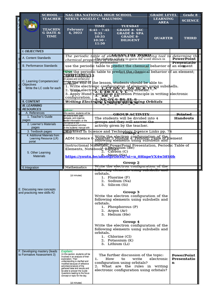 Lesson Plan Grade 8 Orbitals | PDF | Electron Configuration | Atomic ...