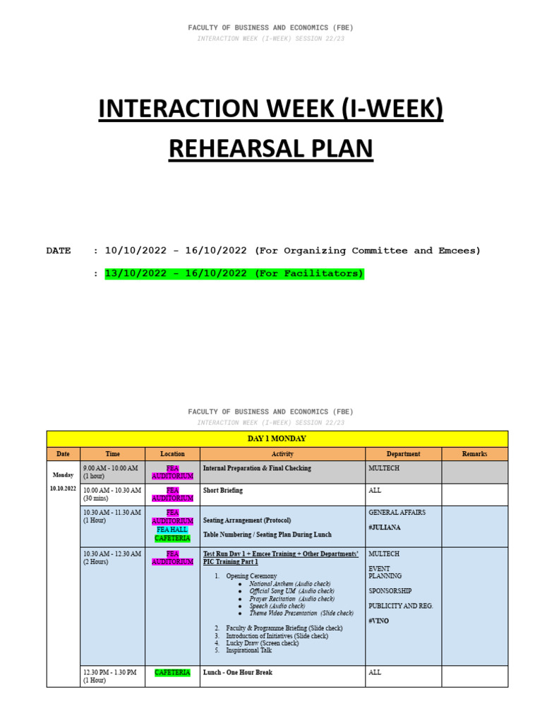 FBE Interaction Week 2022 Rehearsal Plan | PDF