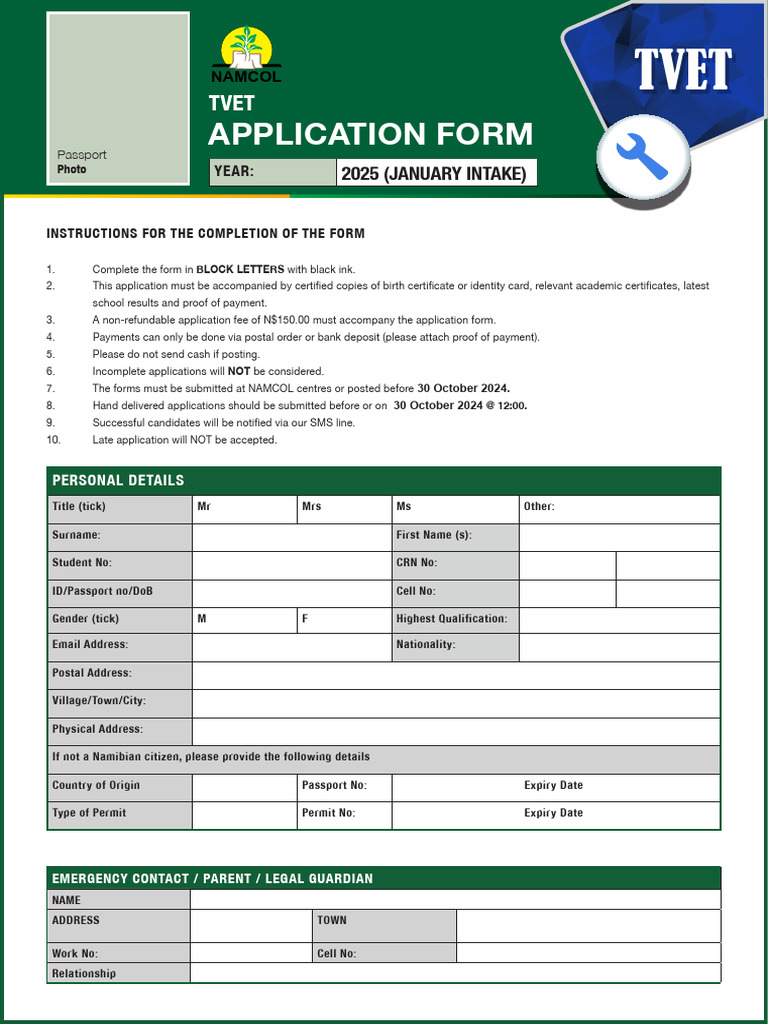 NAMCOL TVET Application Form 2025 | PDF | Identity Document