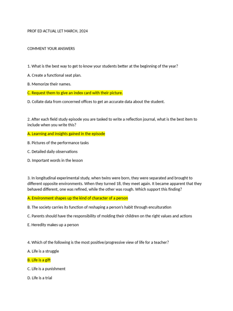 Prof Ed LET Questions March 2024 | PDF | Learning | Cognition