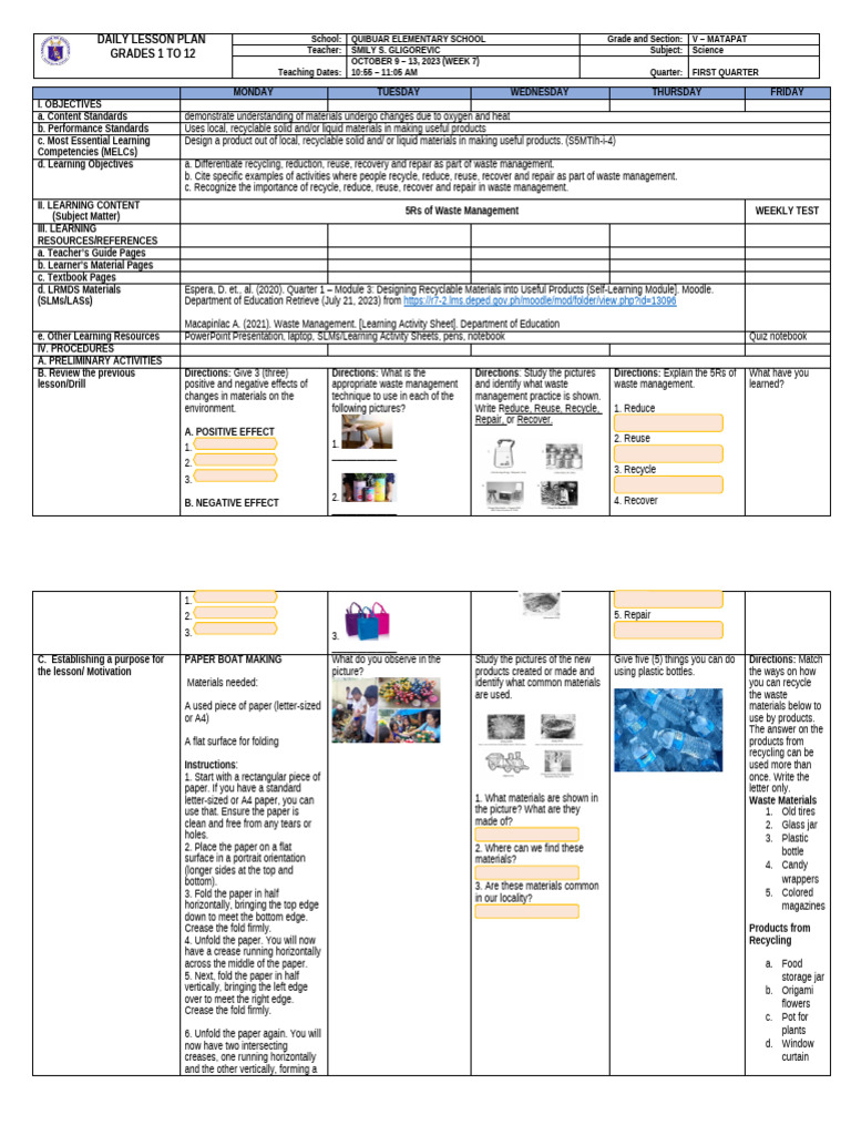 Weekly Science Lesson Plan: Waste Management | PDF | Waste | Recycling