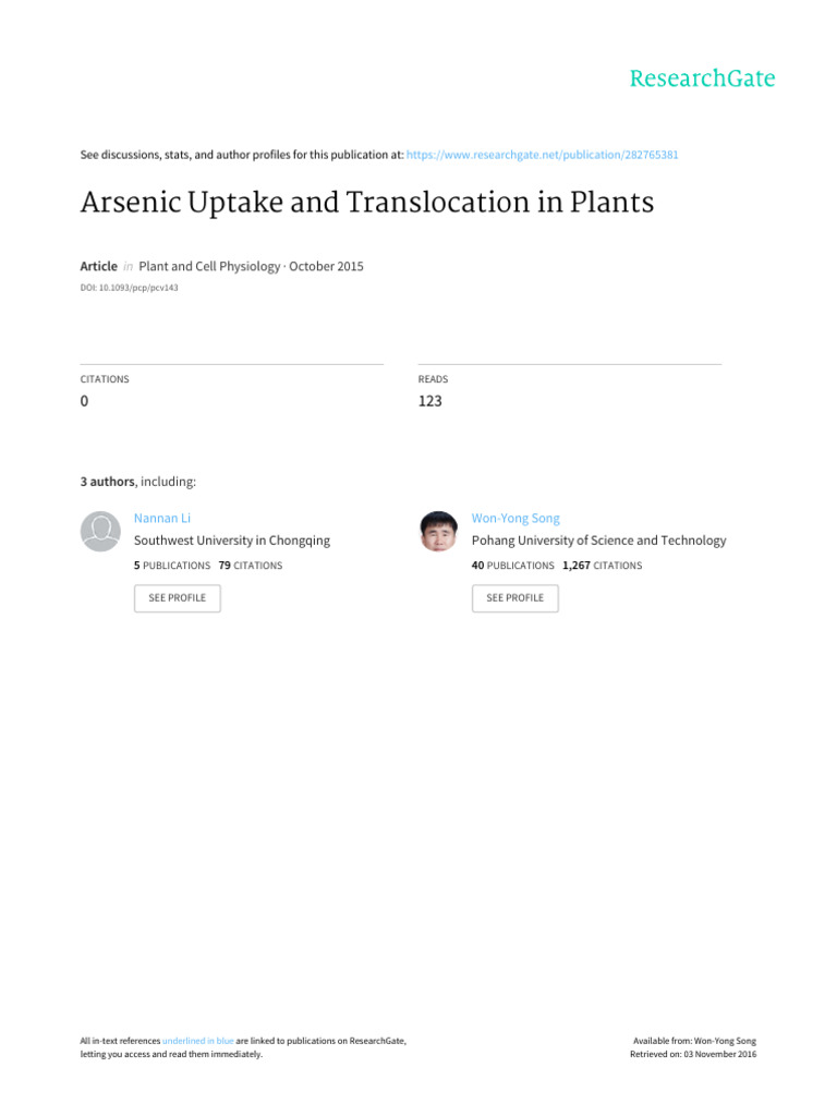 Arsenic Uptake in Plants | PDF | Root | Arsenic