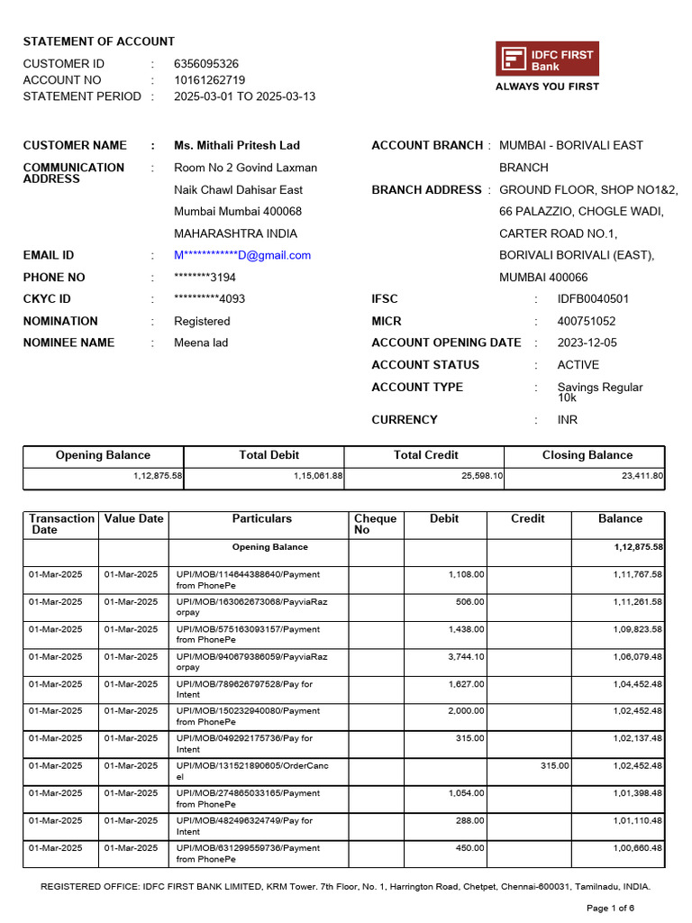 IDFCFIRSTBankstatement 10161262719 122724463 | PDF | Payments | Banks
