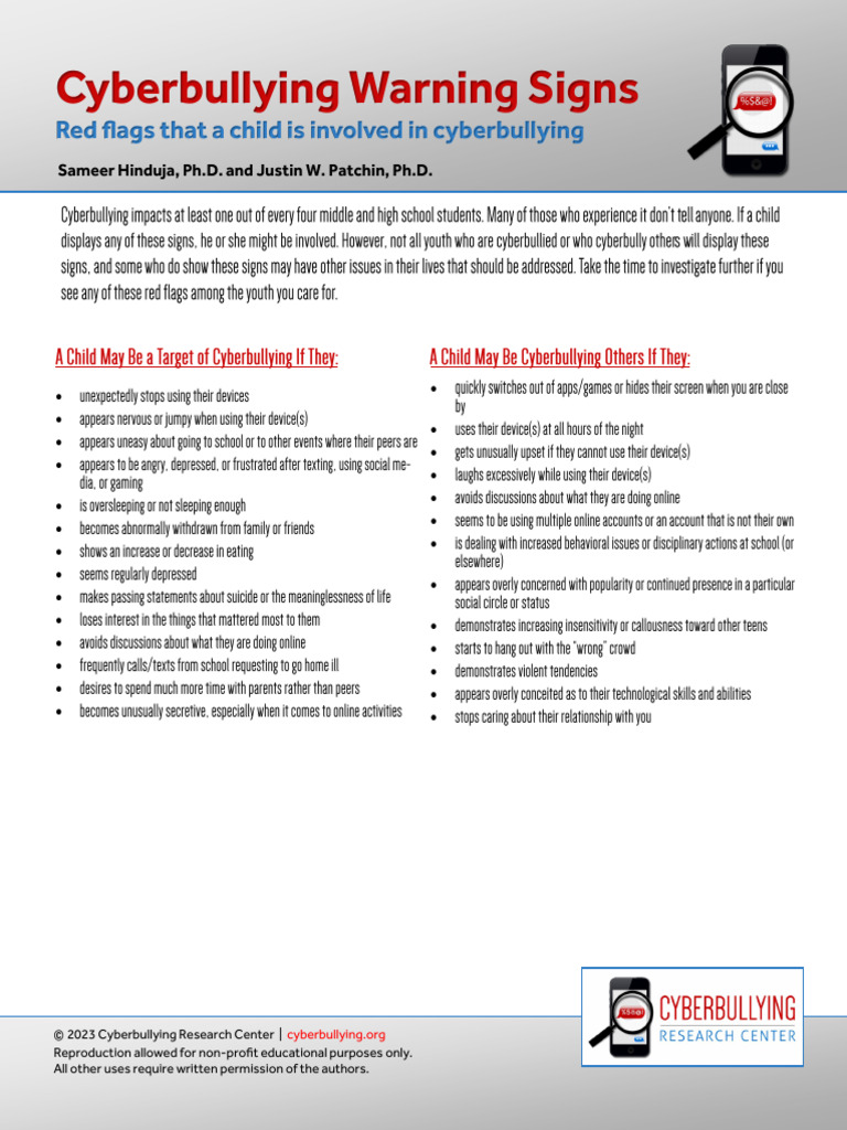 Cyberbullying Warning Signs for Parents PDF