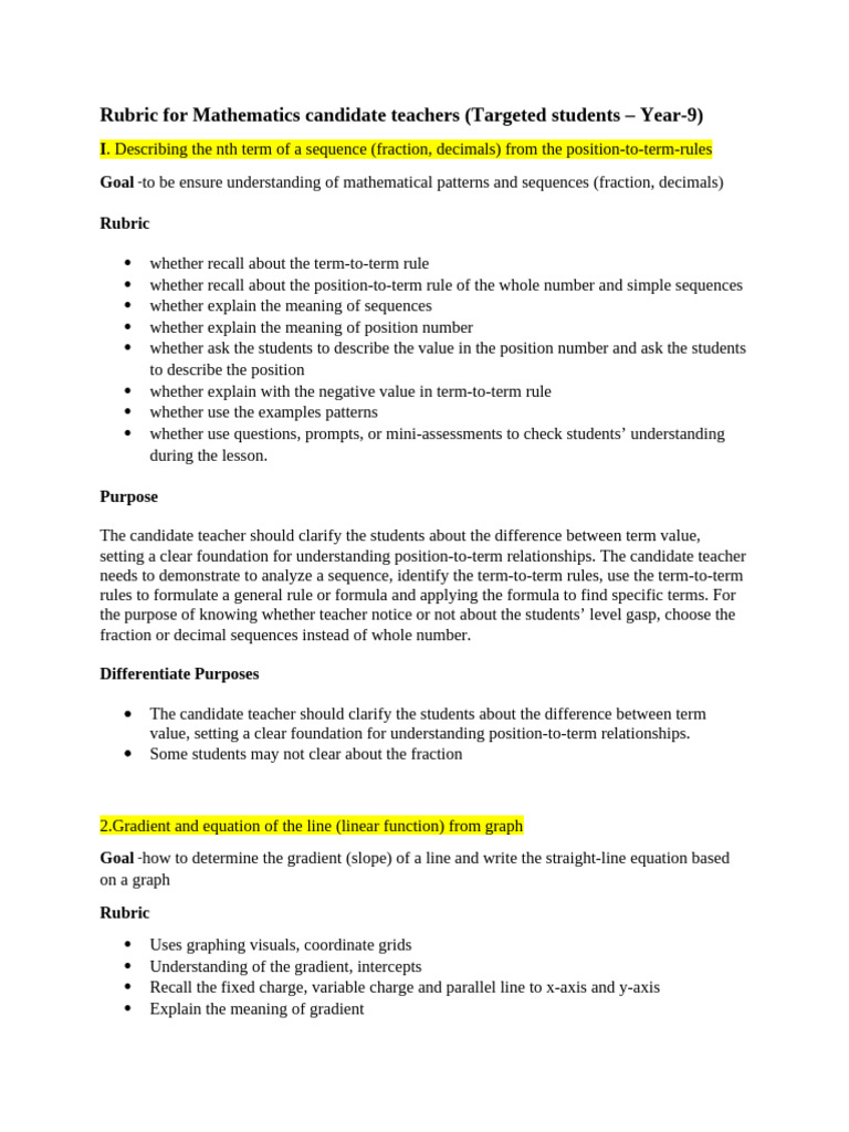 Mathematics Rubric for Year-9 Teachers | PDF | Gradient | Line (Geometry)