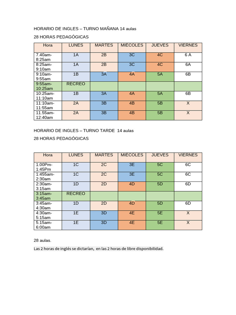 Horario de Inglés Primaria 28 Horas | PDF