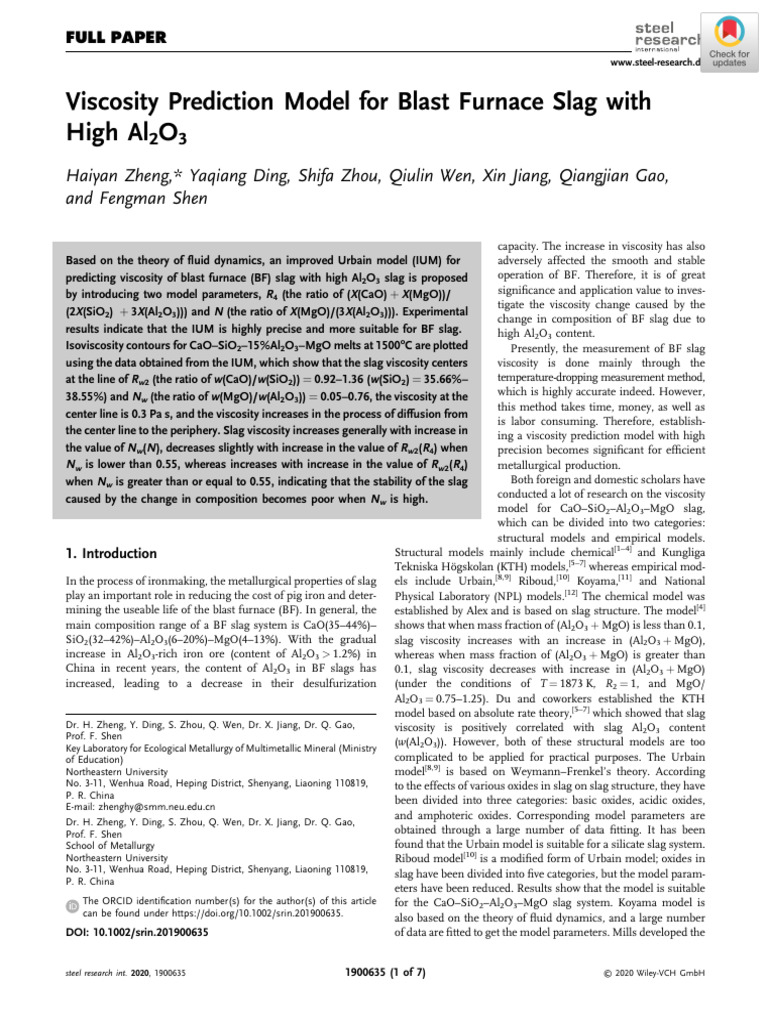 Viscosity Model for High Al2O3 Slag | PDF | Viscosity | Least Squares