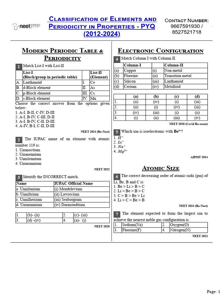 Periodic Classification for NEET Prep | PDF | Periodic Table | Chemical ...