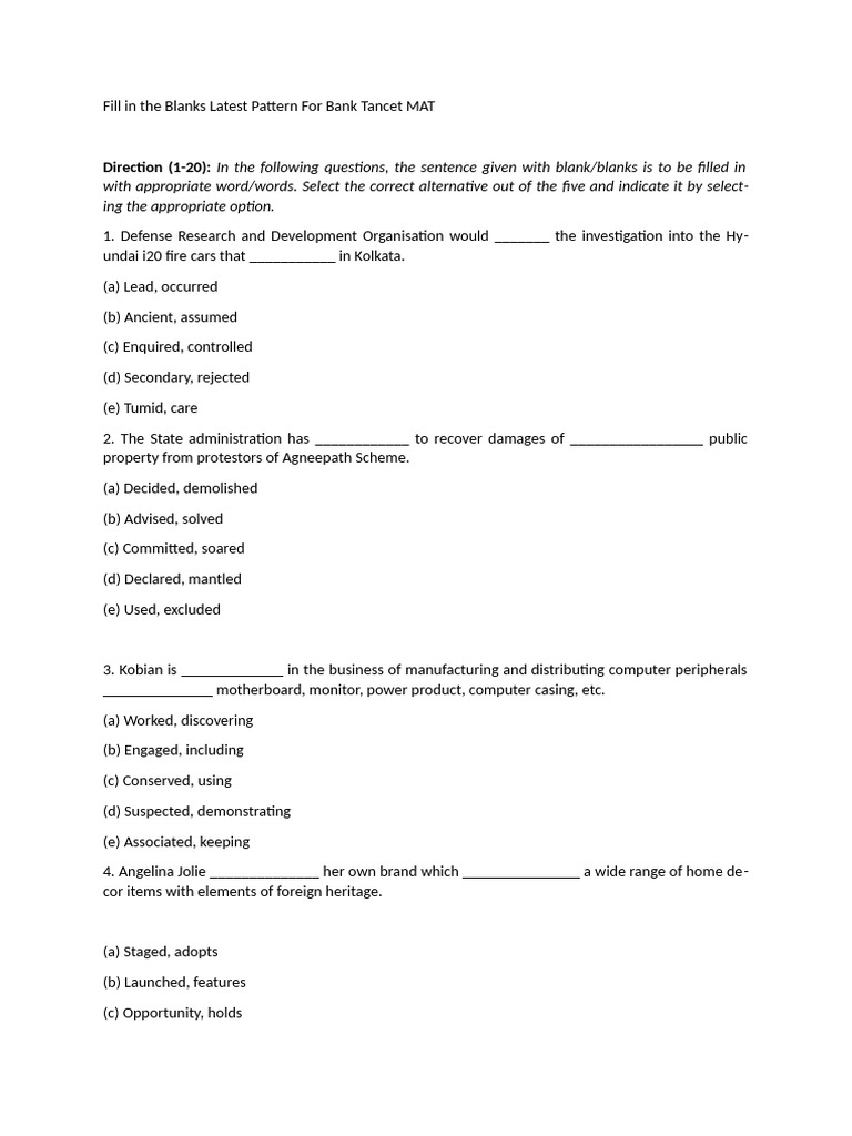 Fill in The Blanks 1 Tancet MAT Bank Class | PDF