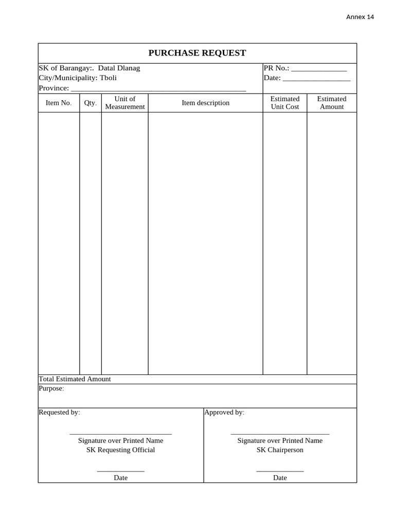 Barangay Purchase Request Form | PDF