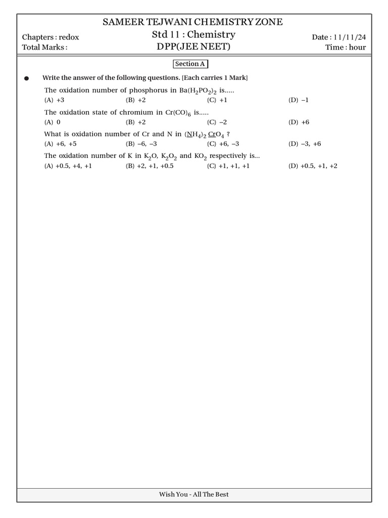 Redox Chemistry Questions for Std 11 | PDF