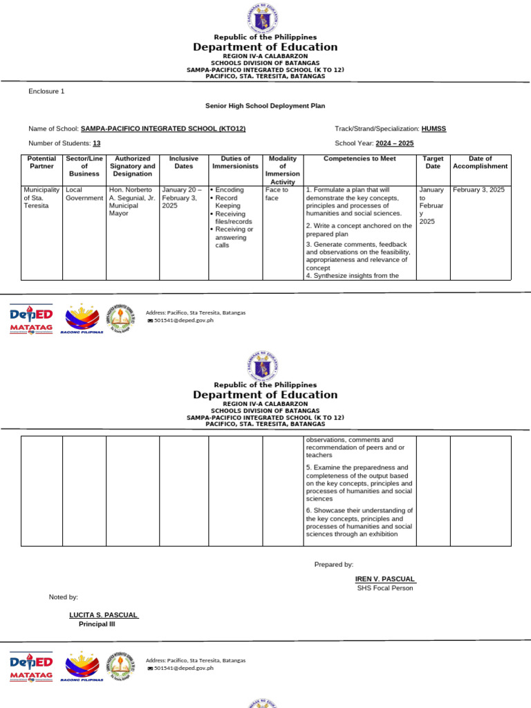 Senior High School Immersion Plans 2024 | PDF | Marketing | Strategic ...