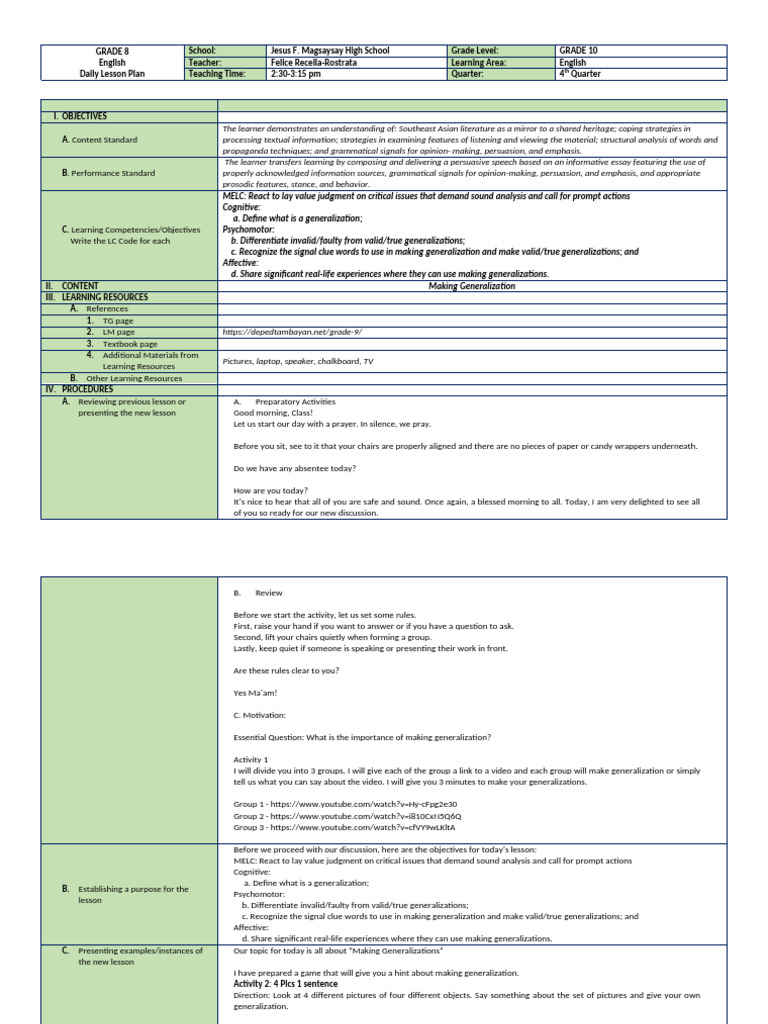 Lesson Plan Format Rotrata Demo2 | PDF | Learning | Reason