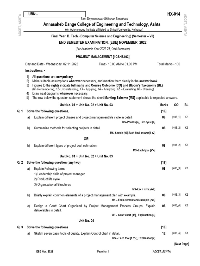 ADCET Project Management Exam Paper | PDF | Business