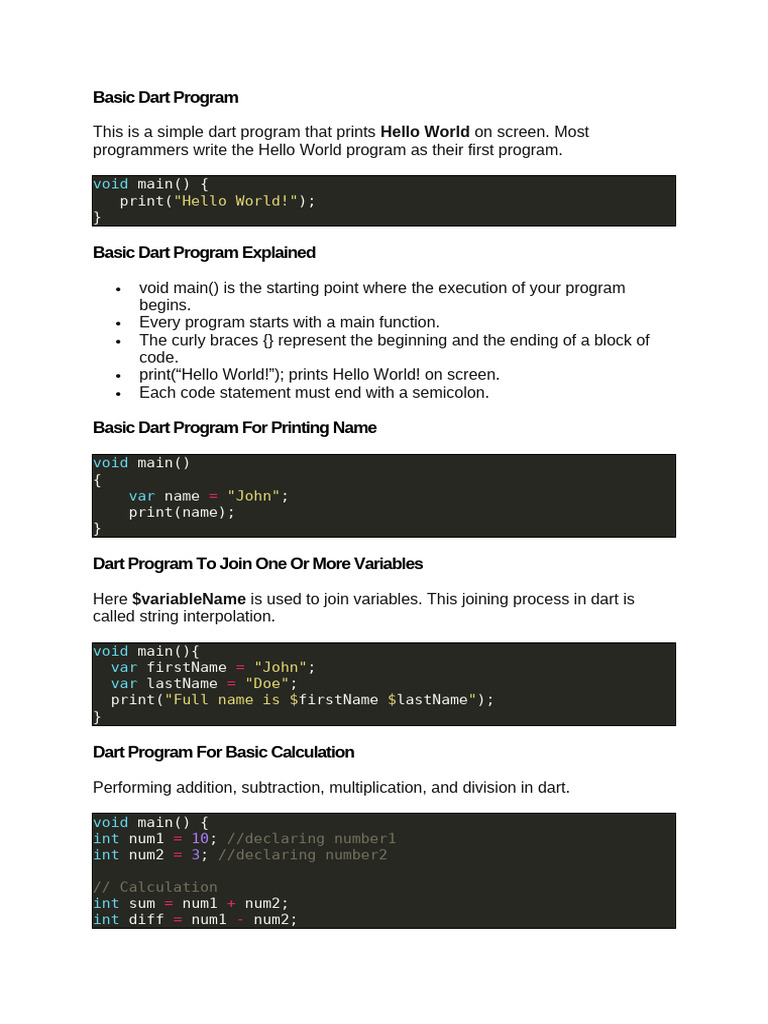 Simple Dart Program Examples | PDF