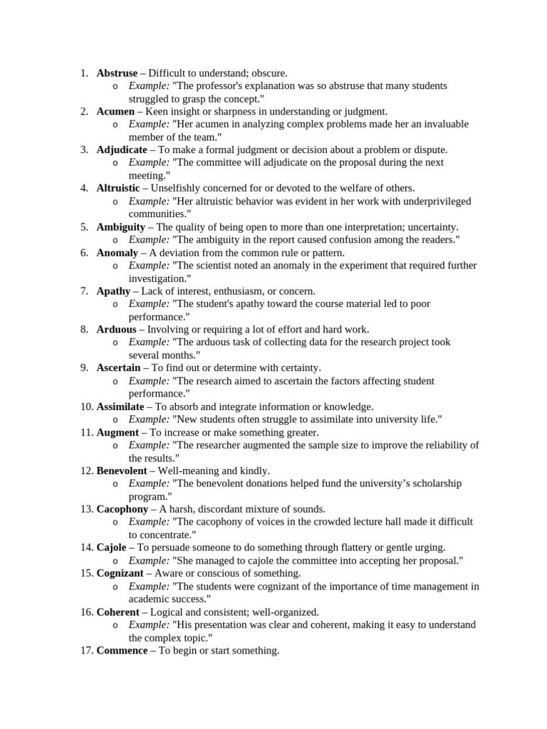 Vocabulary List of Advanced Terms | PDF