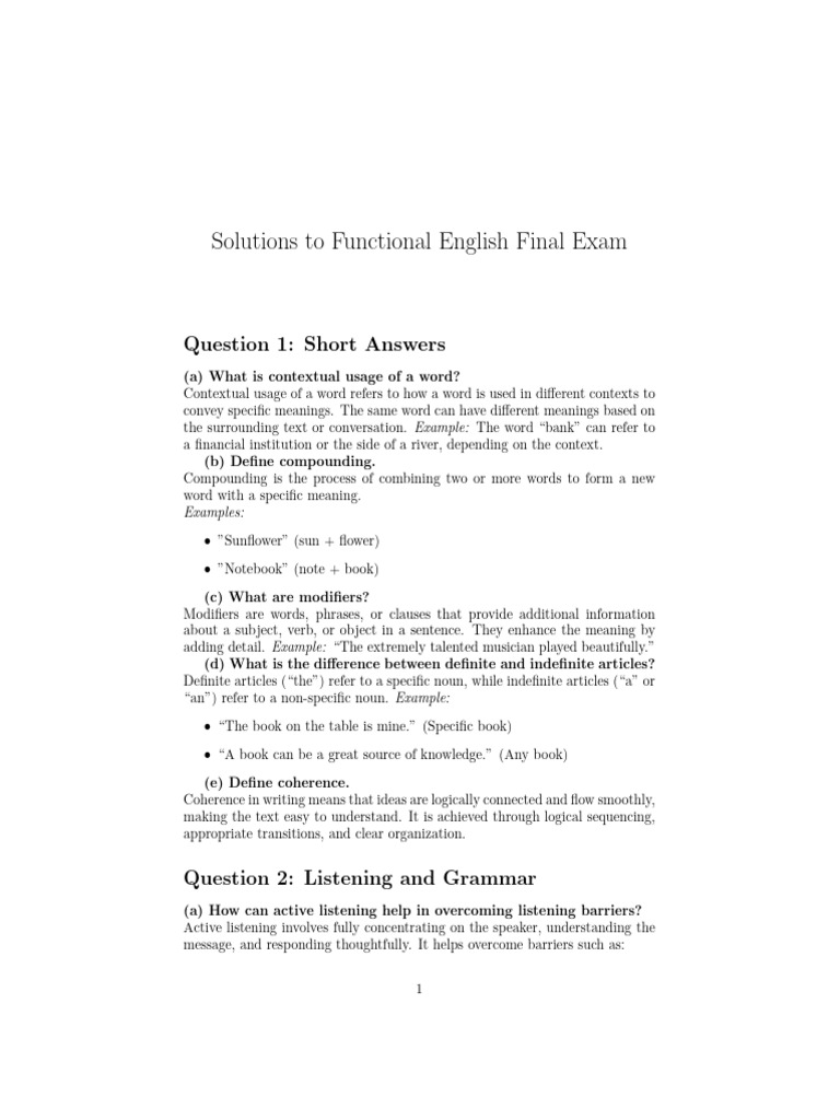 Functional English Exam Solutions | PDF | Word | Semantics