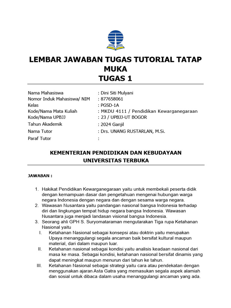 Lembar Jawaban Tugas Tutorial Tatap Muka | PDF