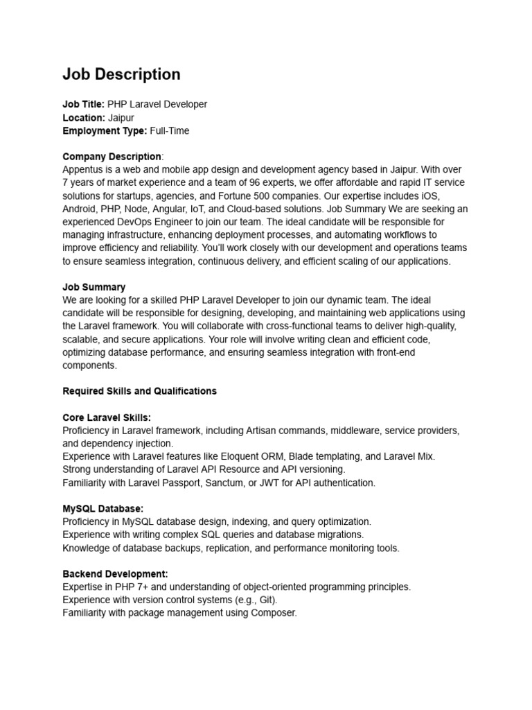 Job Description - PHP Laravel | PDF | Databases | Computer Science