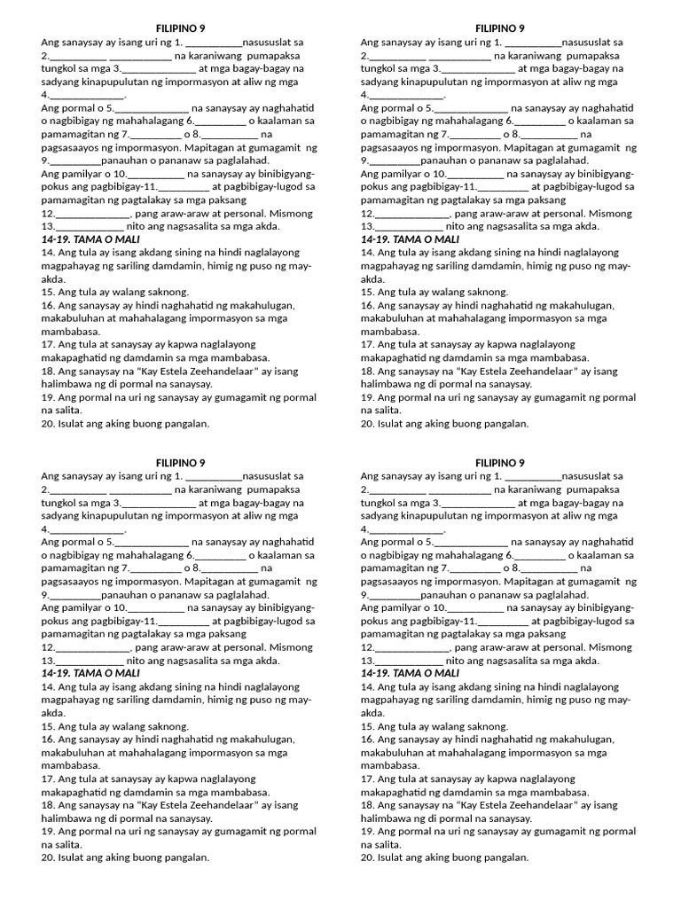 Filipino 9 Quiz | PDF