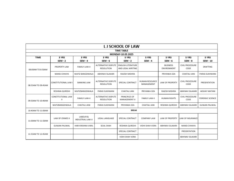 L J School of Law Timetable 2025 | PDF | Government | Applied Philosophy