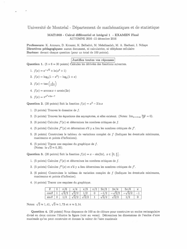 Examen Final MAT1903 - Calcul Différentiel | PDF