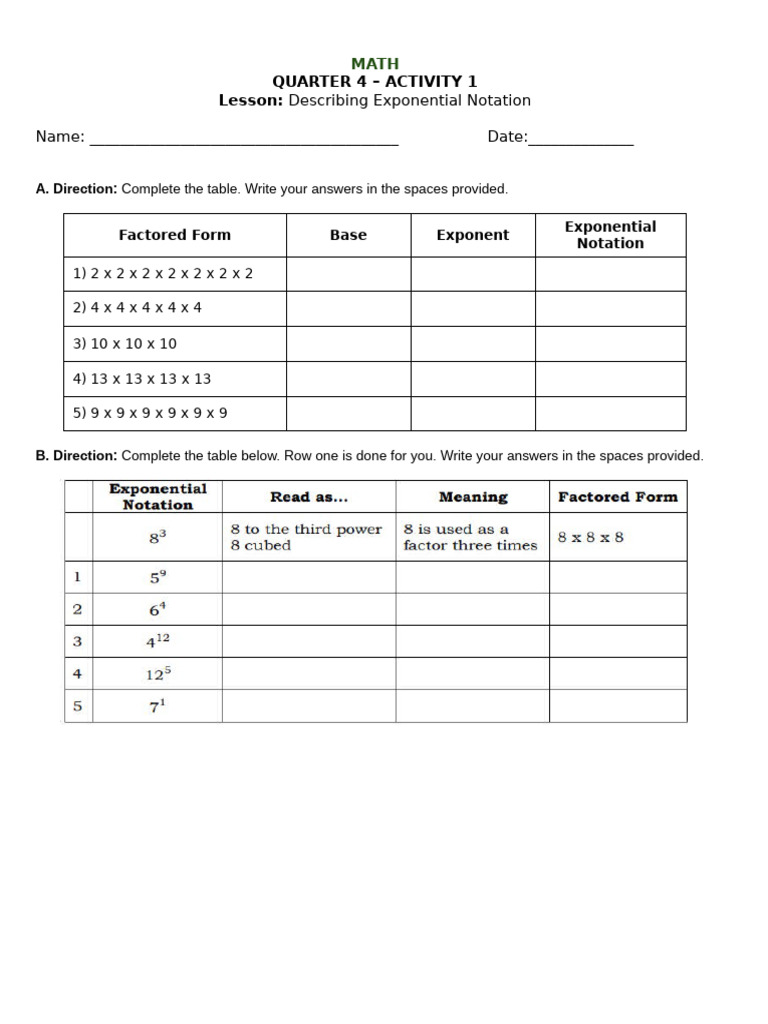 Exponential Notation Activity Guide | PDF
