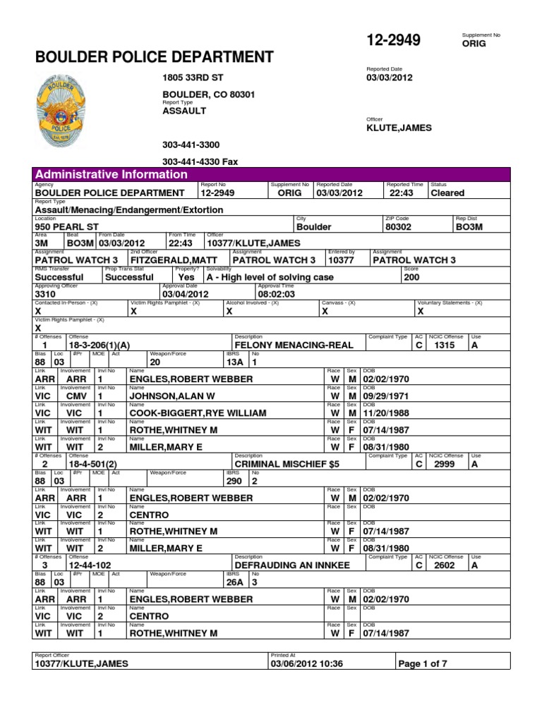 Boulder Assault Report: Engles Arrest | PDF | Police | Deviance (Sociology)