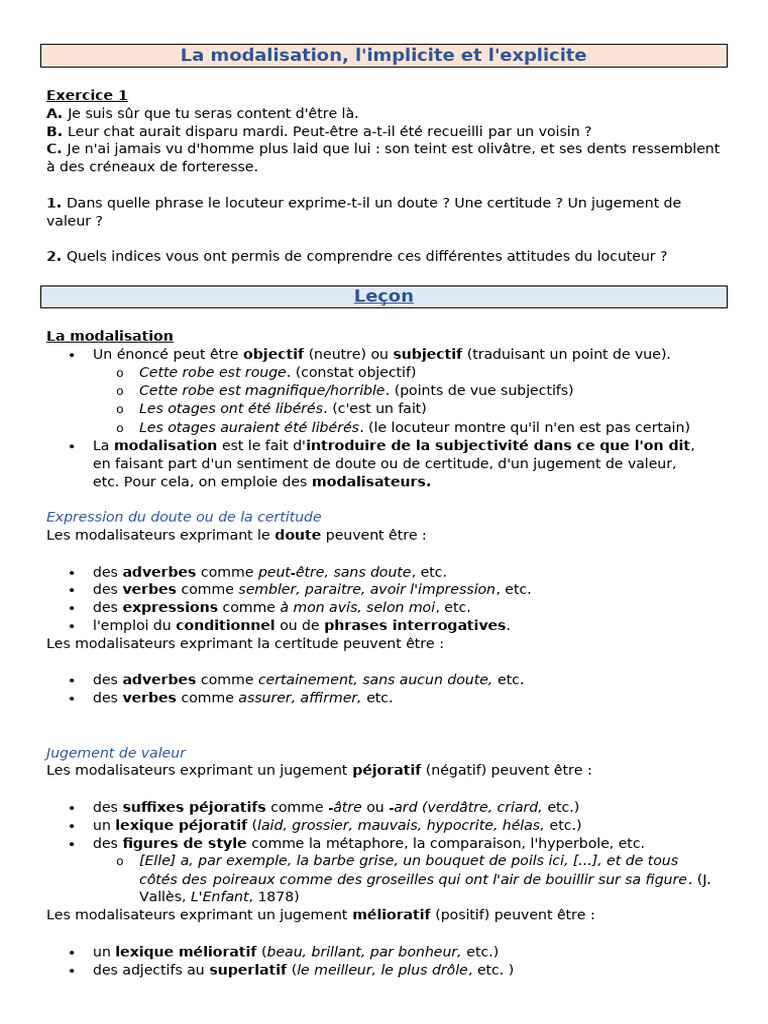 Modalisation : Implicite et Explicite | PDF | Phrase | Grammaire