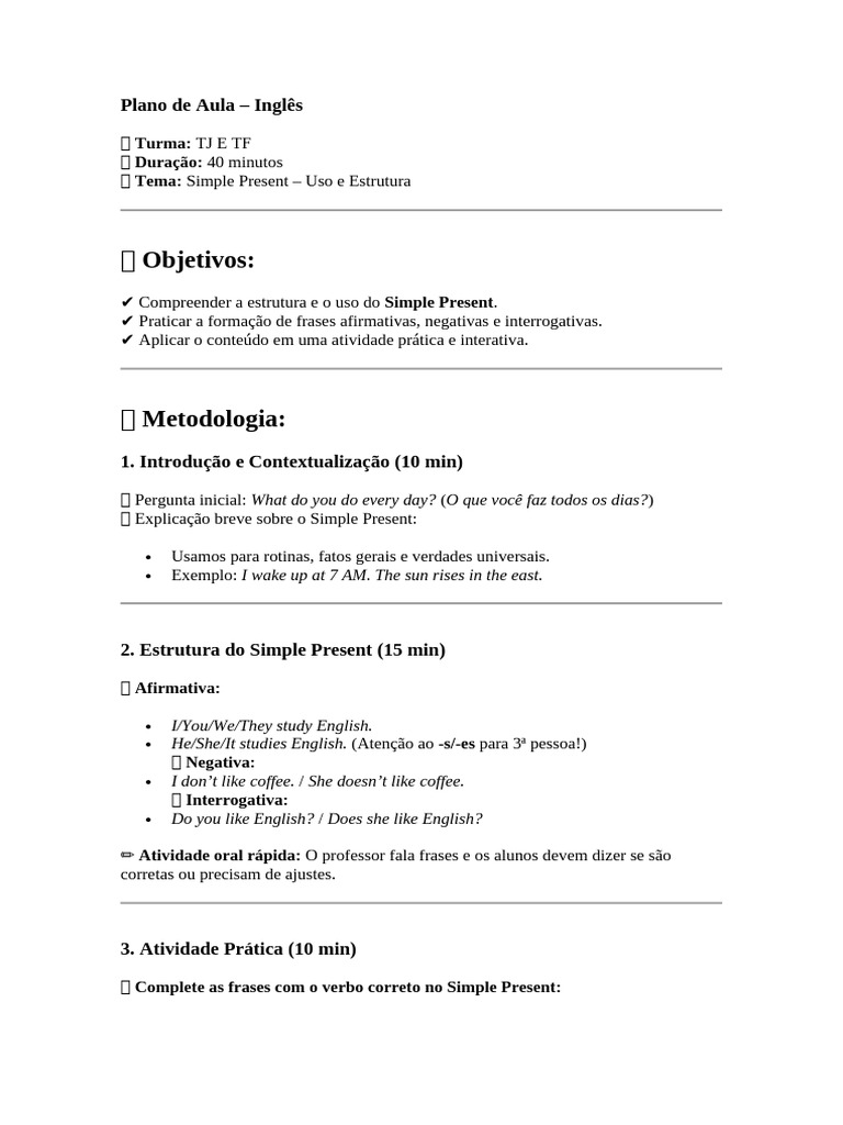Plano de Aula - Ingles - Tj e Tf | PDF
