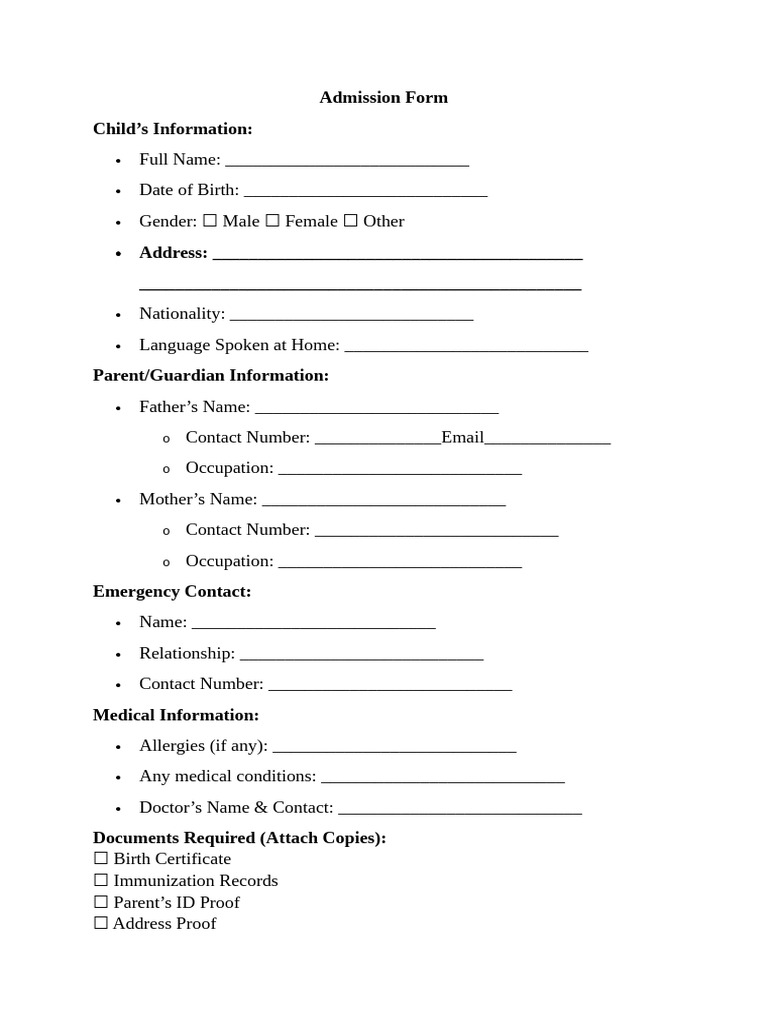Preschool Admission Form Template | PDF