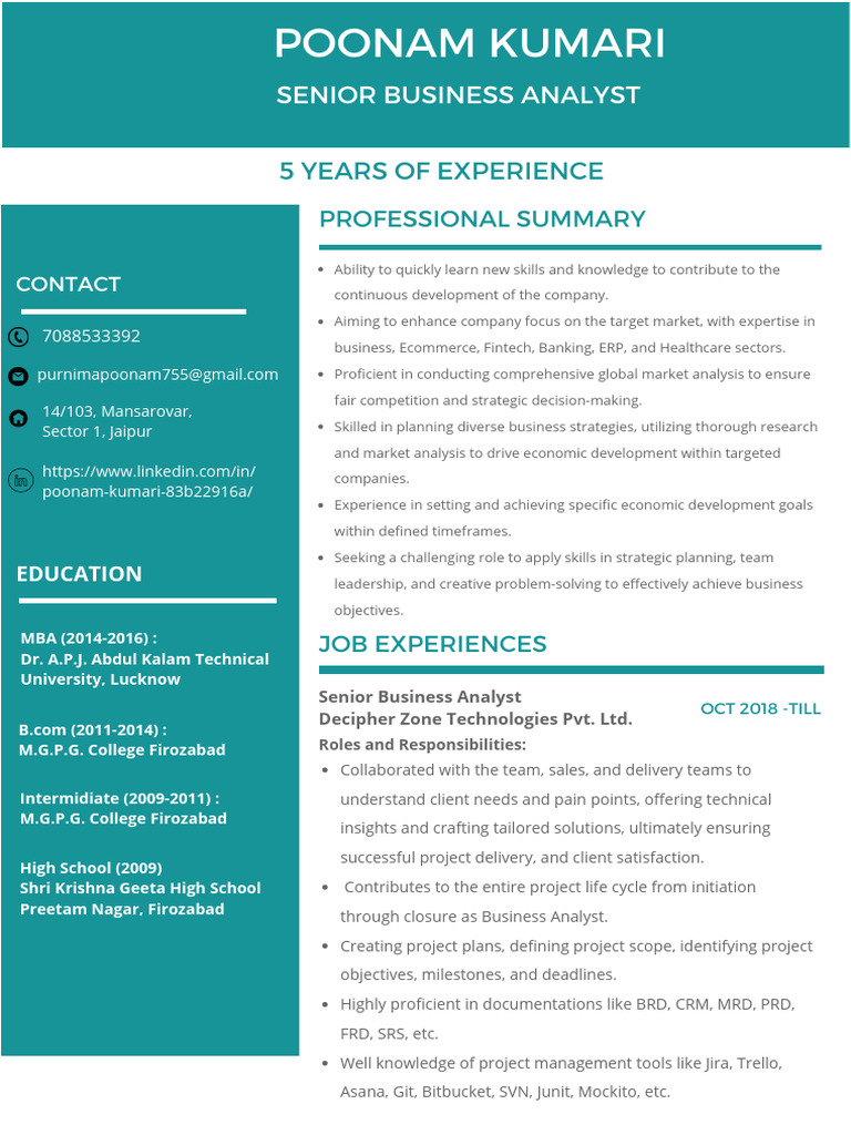 Poonam Kumari: Senior Business Analyst Profile | PDF | Software ...