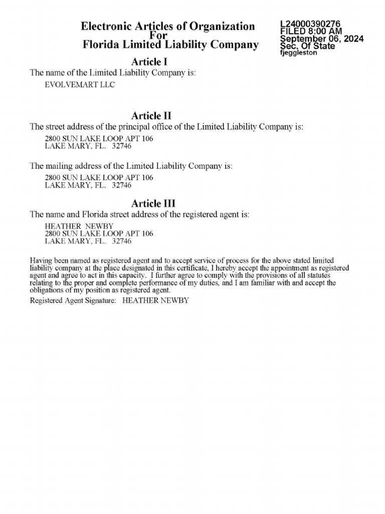 Florida LLC Articles of Organization | PDF