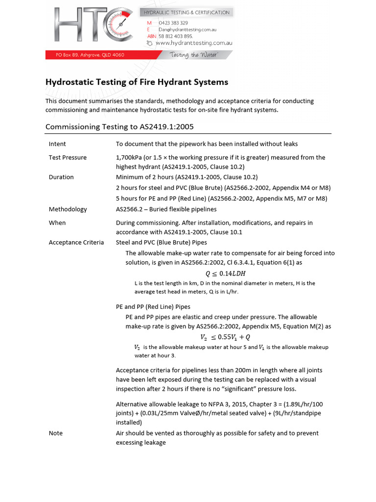 Fire Hydrant Hydrostatic Testing Guide | PDF | Pipe (Fluid Conveyance ...