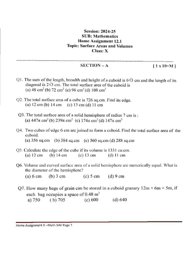 Class 10th Mathematics Surface Area And Volume Practice Questions