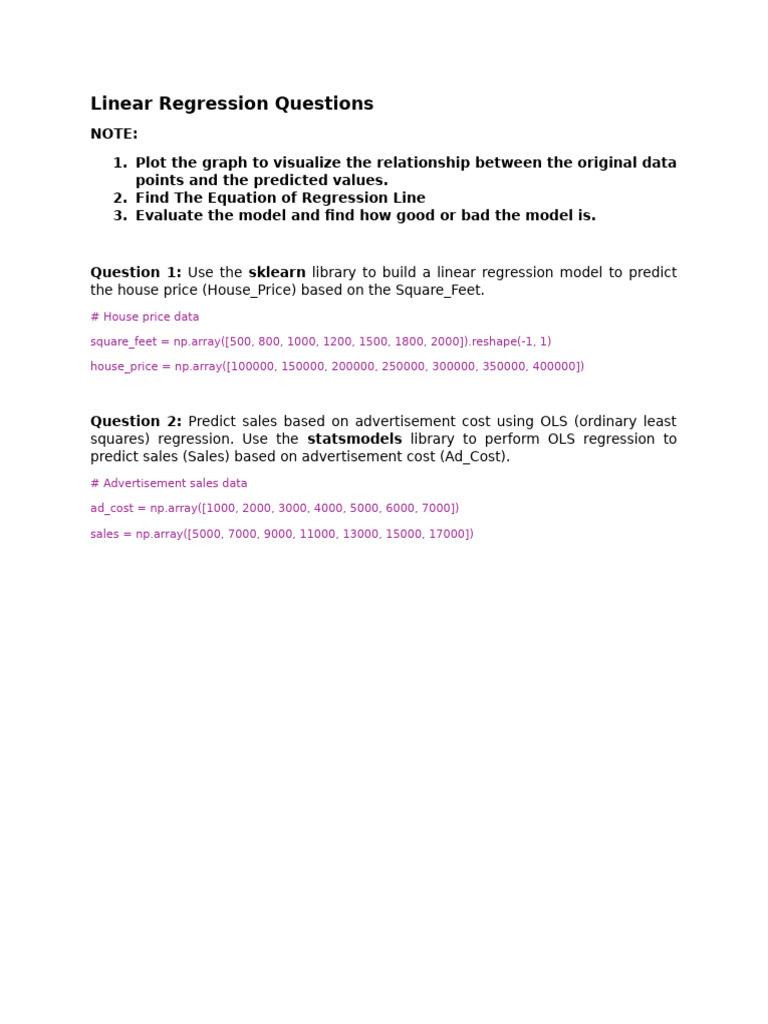 Linear Regression Questions (3) | PDF