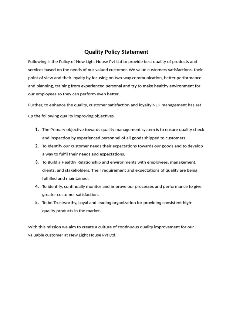 New Light House Quality Policy Statement | PDF