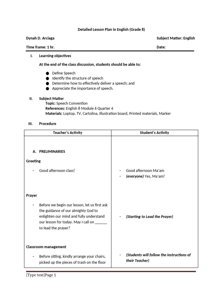 Detailed Lesson Plan in English | PDF | Speech | Learning