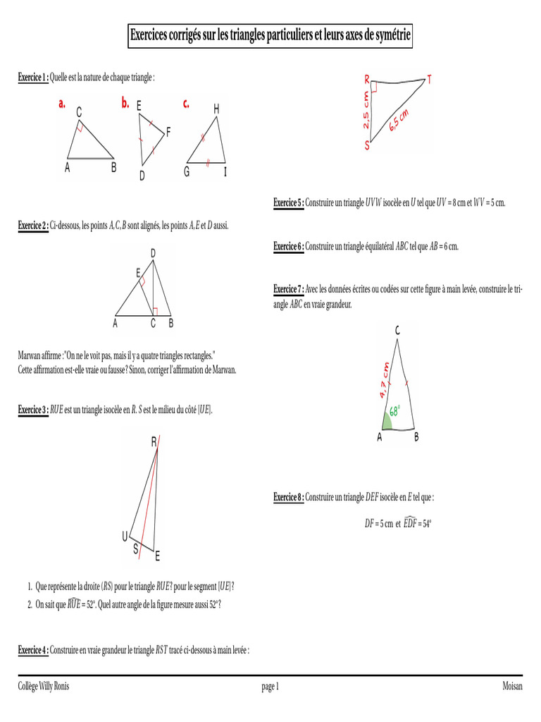 Exercices sur les triangles 6ème corrigés | PDF | Triangle | Triangle
