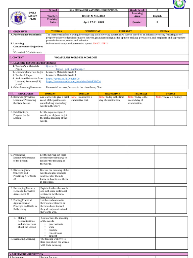 Grade 8 English Lesson Plan | PDF | Behavior Modification | Cognitive ...
