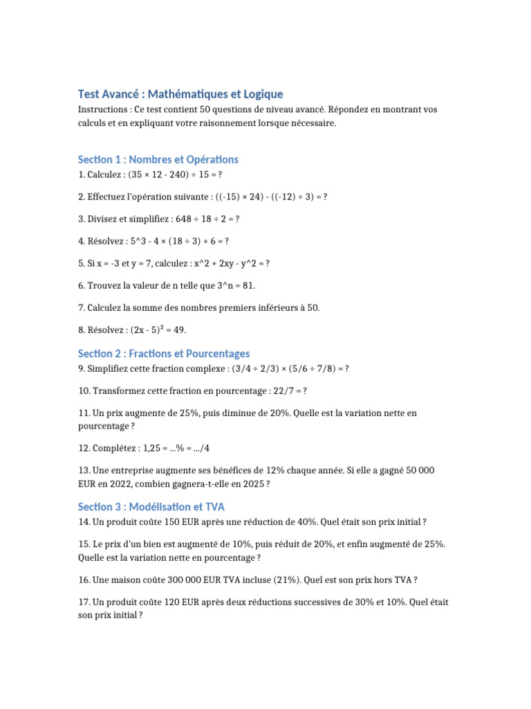 Test Avancé en Mathématiques et Logique | PDF | Pourcentage | Échecs