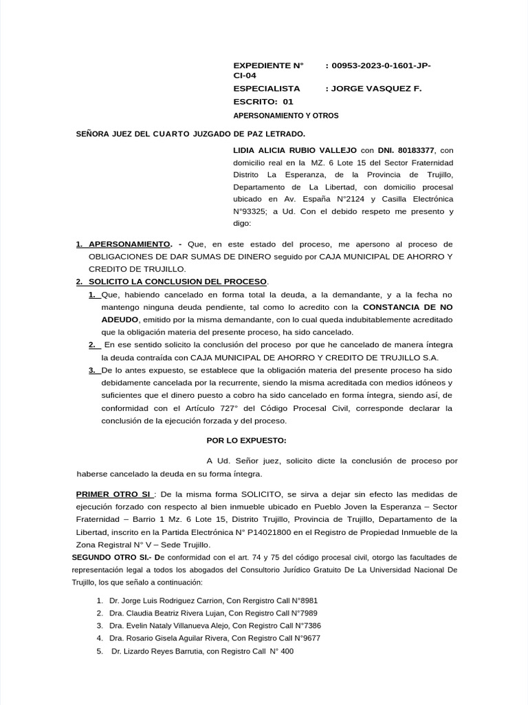 Solicito Conclusion de Proceso de Obligacion de Dar Suma de Dinero | PDF