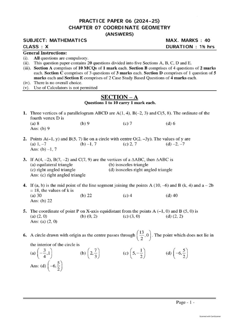 Maths Class X Chapter 07 Coordinate Geometry Practice Paper 06 2024 ...