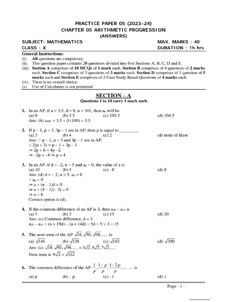 Maths Class X Chapter 05 Arithmetic Progression Practice Paper 05 ...